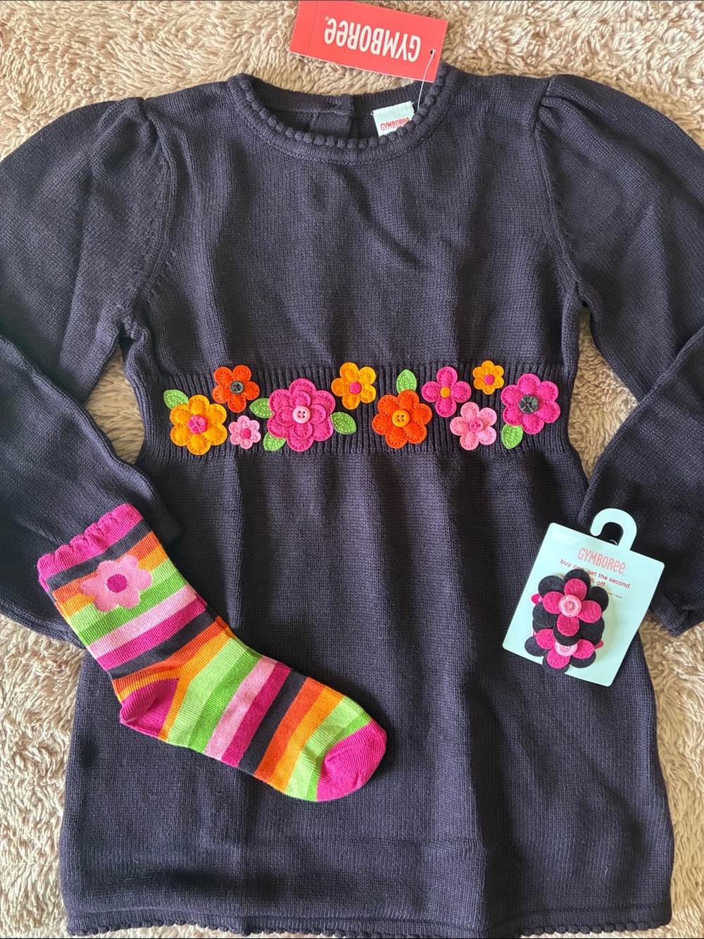 Gymboree Vintage 2009 Plum Dress with Bright Floral Applique, Hair and Socks